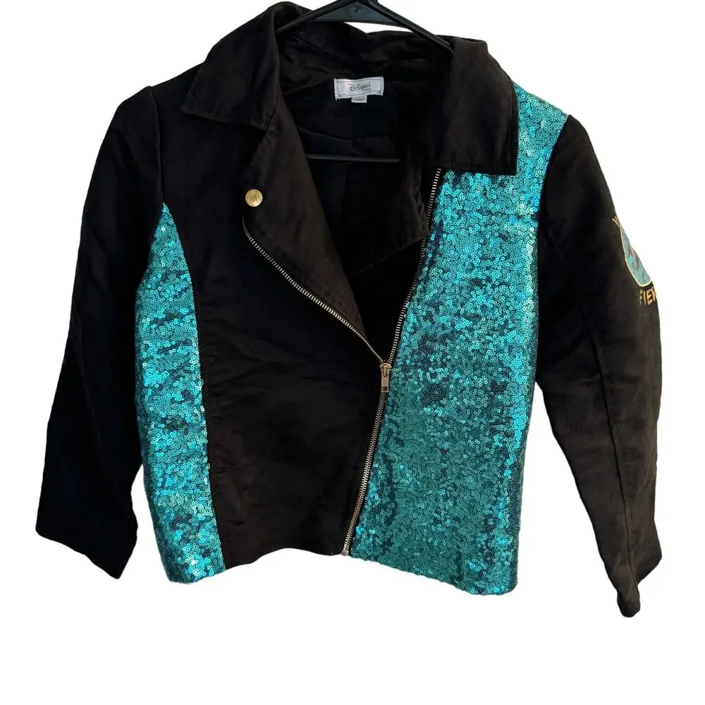 Disney Jacket‎ Girls L Black Wickely Fierce Turquoise Sequin Faux Suede